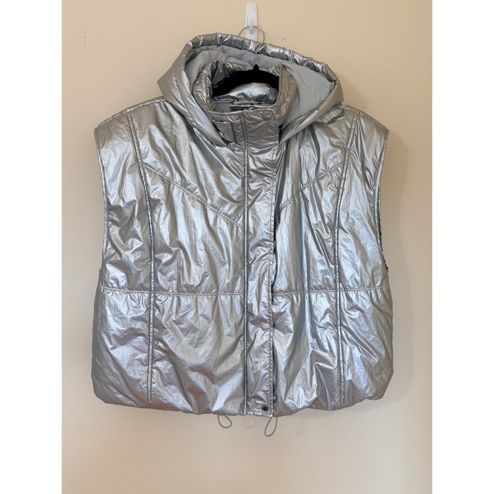 Daily Practice by Anthropologie Silver Metallic Hooded Puffer Vest Women Large